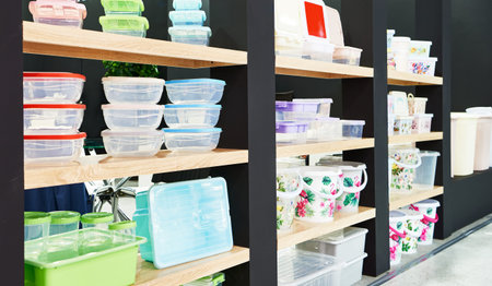 Plastic kitchen food containers in the store of household goods
