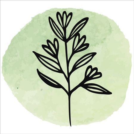 Green vector floral blooming branch on green watercolor backgroundのイラスト素材