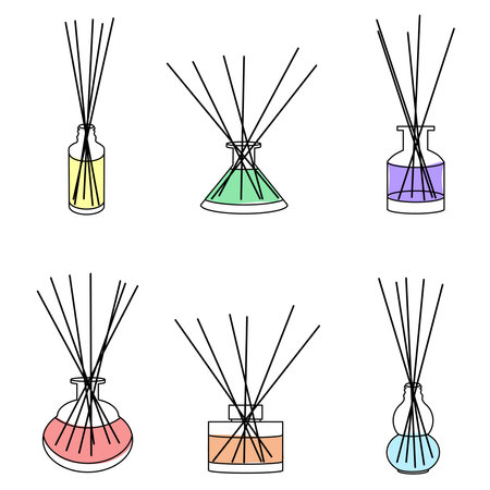 Home aromatherapy vector set. Colored diffusers with sticks isolated on whiteのイラスト素材