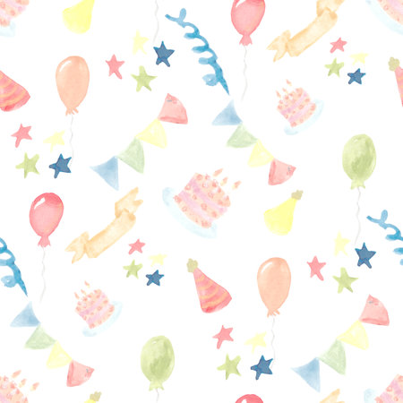 Seamless watercolor pattern. Holiday and Birthday Wrapping paper with Balloon, Cake, Serpentine, Stars, Garland. Celebration endless wallpaper with color hand draw elements on whitの写真素材