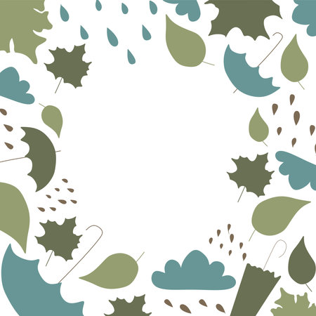 Rainy Frame with Space for text. Vector flat illustration with Rain, Umbrella and Leaves. Autumn green and Blue weather border with Blank Copy space for Postcard, Card, Poster, Tagのイラスト素材