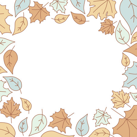 Square botany Linear Frame with Copy space. Vector foliage border. Pastel color leaves with Space for text isolated on white. Hand drawn illustration for card, poster, invitation.のイラスト素材