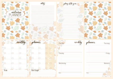 Set of Weekly or Mothly planner, Notes template with Falling leaves, Autumn foliage, cozy style. Collection Trendy pages in floral design. Editable vector illustration.のイラスト素材