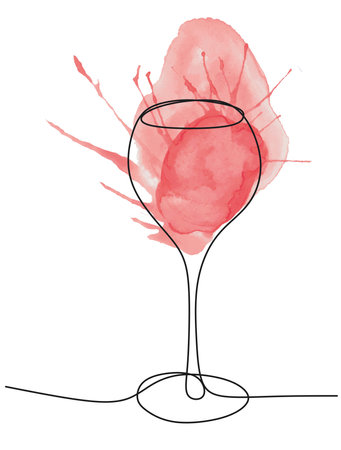 Wineglass One line art Vector illustration. Watercolor Hand draw Wine splash of poured Red wine, isolated on white background. Wine tasting logo design, shirt, alcohol bottleのイラスト素材