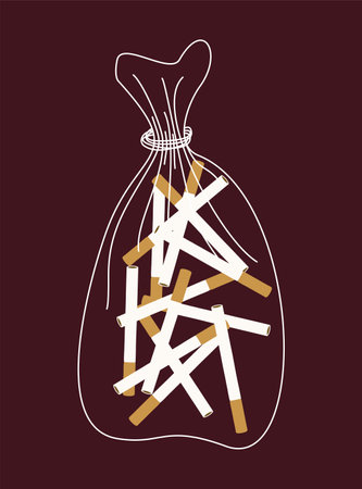 Cigarettes in the package or plastic bag. No smoking concept. Flat vector illustration. Stop smoking for Healthy teeth, Anti tabacco campaign. Drawn design art for Poster, Banner,のイラスト素材