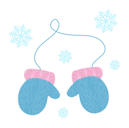 Warm winter Woolen Mittens with ornament. Vector illustration isolated on white. Flat style Protective and warm Clothing, object for holiday decoration. Design art blue and pinkのイラスト素材