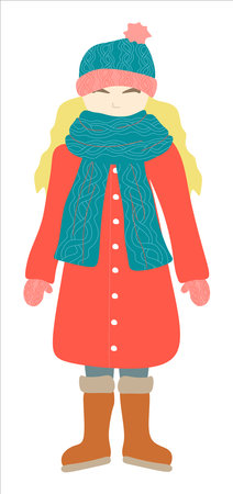 Blond Flat girl in Winter Clothes. Warm Hat, Scarf, Coat, Mittens or Gloves and Boots. Vector illustration isolated on white background. Young woman in female Garment. Pretty colorのイラスト素材