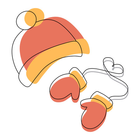Set of Warm winter Cloth. Hat and Pair of Mittens vector illustration isolated on white. Flat and Linear style Protective Garment for Autumn decoration. Design art colorful Knittedのイラスト素材