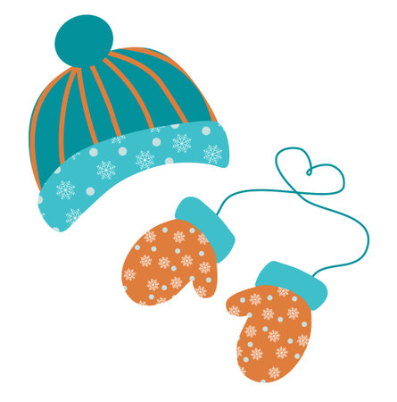 Set of Warm winter Clothes. Hat and Pair of Mittens vector illustration isolated on white. Flat style Protective objects for holiday decoration. Design art color woolen Female Glovのイラスト素材
