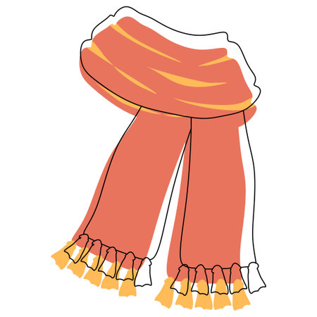 Knitted Winter or Autumn Wool fringed Scarf. Vector illustration isolated on white. Flat style and Line art Protect and warm Clothing, element for Season decoration. Design art colのイラスト素材