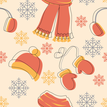 Seamless pattern with Winter clothes. Scarf, Hat, Mittens and Earmuffs on the background with snowflakes. Flat and Linear style. Vector Endless illustration for Template, Fabricのイラスト素材