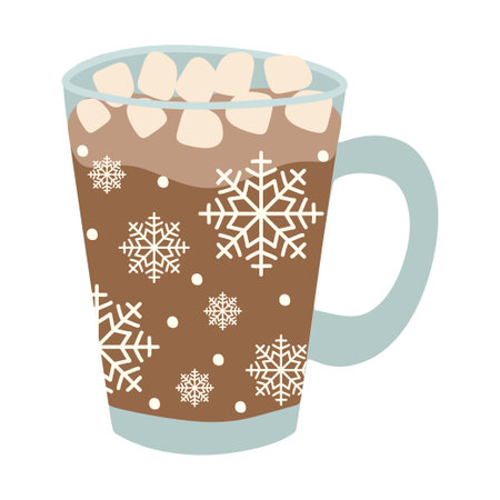 Hot chocolate. Decorative Vector Flat illustration glass matte cup with Cocoa and marshmallows. Christmas greeting card design element. Isolated on white background.のイラスト素材