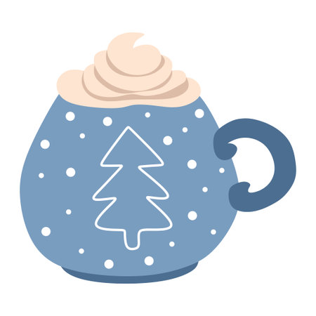 Mug of Hot chocolate with Whipped cream, in a blue cup with snowflakes and Christmas tree. Vector flat cartoonillustration Isolated on a white. Template for Christmas Holiday decoration, Placard.のイラスト素材