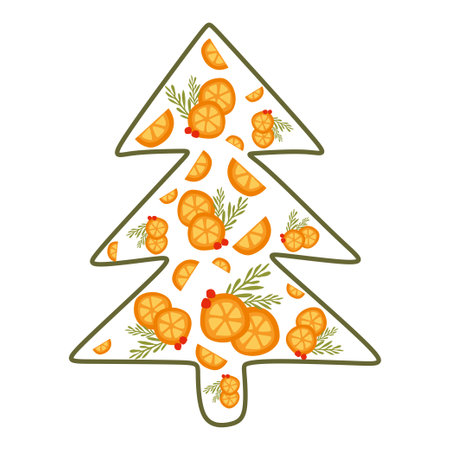 Christmas tree Silhouette with slices of orange and green branches. Christmas seasonal elements. Vector illustration isolated on white background for Greeting card, Poster, banner.のイラスト素材