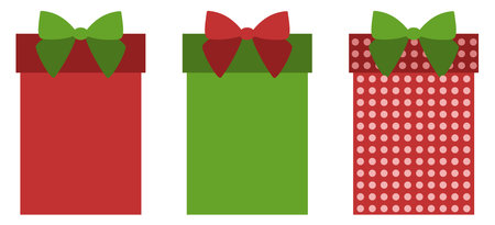 Set of Colorful Gift boxes with Bows isolated on white background. Vector illustration. Cheerful Holiday collection in Christmas colors, Red, green and dotted present. Design New Year Package elementのイラスト素材