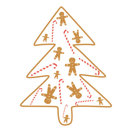 Christmas tree Silhouette with Gingerbread cookies and Candy cane. Christmas seasonal elements. Vector illustration isolated on white background for Greeting card, Poster, banner.のイラスト素材