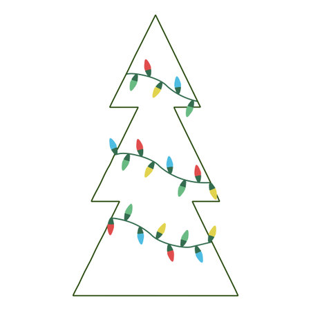 Christmas tree greeting card template. Geometry minimalism shape fir with Bright light garland. Vector illustration isolated on white, Modern flat design. Holiday card, poster, placard, invitation.のイラスト素材