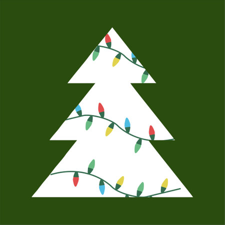 Christmas tree greeting card template. Geometry minimalism shape fir with Bright light garland. Vector illustration, Modern flat design. Holiday and festive card, poster, placard, invitation.のイラスト素材