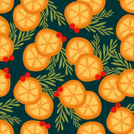 Seamless Orange slides pattern with Cranberries on dark background. Vector illustration with citrus for banner background, template. Postcard backdrop with green branches. Christmas decoration.のイラスト素材