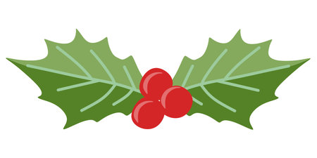 Holly berry and leaves Christmas element. Vector floral illustration isolated on white. Holiday Flat decoration, Design icon. Seasonal Greeting card template.のイラスト素材