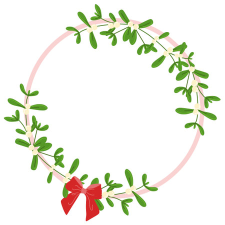 Mistletoe wreath with Red Bow isolated on white. Round vector Botanical Frame, Flat style illustration. Christmas Holiday Decoration, Design element for Postcard, Wedding invitation, Poster, Sticker.のイラスト素材