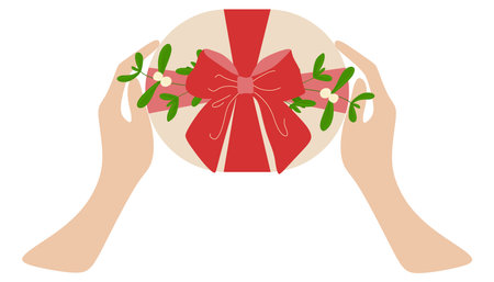 Hands are holding a Christmas gift with Red ribbon Bow and mistletoe branch. Hands giving an Oval present box. Vector Flat cartoon illustration isolated on white. Xmas and New Year Postcard template.のイラスト素材