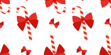 Vector Candy canes with red Bow seamless pattern. Flat style illustration, Christmas Holiday background. Sweet design elements isolated on white. Wrapping paper template, New year Decoration.のイラスト素材