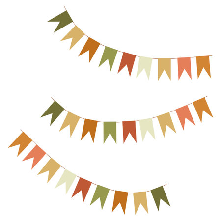 Color garland of Party flags, Bunting flags, flag pennant chain for party, event, festive. Birthday celebration banners. Vector flat illustration isolated on white. Decorative element for design artのイラスト素材