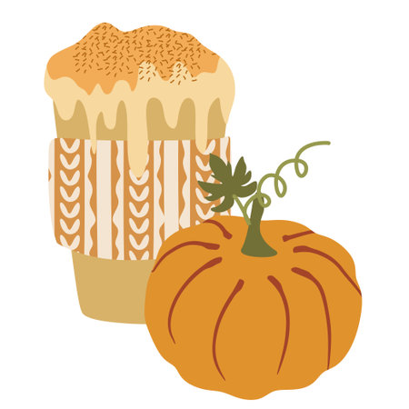 Autumn Pumpkin Spice latte in paper cup. Flat vector illustration isolated on white. Seasonal Warming Drink to go. Fall season Hot sweet beverage. Takeaway cappuccino or Hot chocolate For Halloweenのイラスト素材