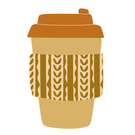Paper Cup of Coffee with a lid in a Knitted scarf. Vector, white background, isolated illustration. Flat style Takeaway Hot drink in Warm Autumn colors. Design art for Cafe Menu, Perk, Card, Bannerのイラスト素材