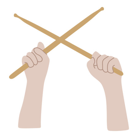 Hands holding Crossed Wooden Drum sticks. Arms with drumsticks Isolated on white background. Front view. Vector illustration in flat and cartoon style. Music Instrument Accessory for Graphic designのイラスト素材