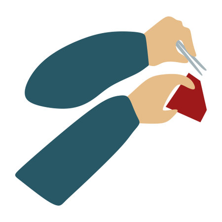 Flat jeweler hands Holding Tweezers and Big Ruby Gemstone. Red Brilliant icon. Jeweler profession. Jeweler day card. Vector Cartoon illustration isolated on white. Jewelry making concept.のイラスト素材