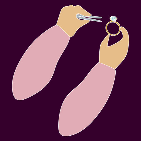 Jewelry making concept. Jeweler hands Holding Tweezers and Ring with Diamond. Flat style icon design isolated on dark background. Handmade accessories, Jewel workshop. Template for Web designのイラスト素材