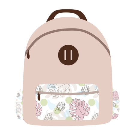 Vector yellow backpack isolated on white background. Back to school flat illustration. Basic urban bag. Travel hand luggage. Kids school bag template. Child studying colorful fabric canvas backpackのイラスト素材