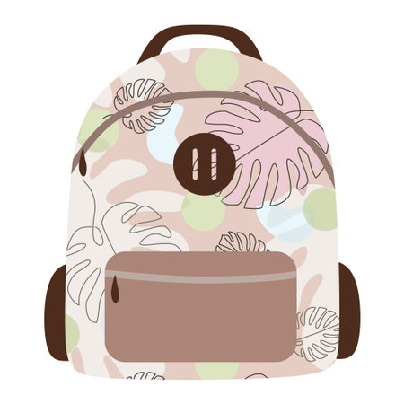 Abstract school backpack in flat style. Modern Backpack with Monstera print, illustration isolated on white for sticker patch. Backpack, bag for children, students, travelers, tourists. Design elementのイラスト素材