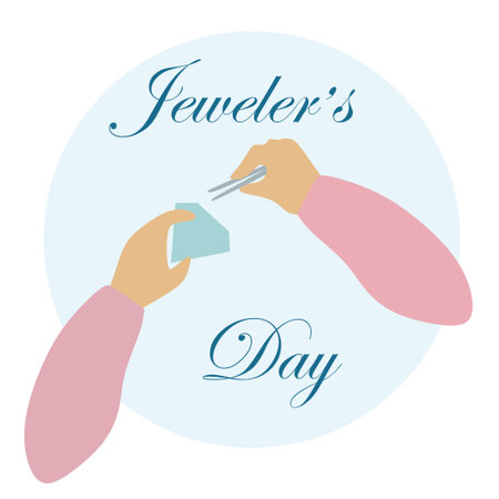 Jeweler day Lettering design Hands Holding Gemstone and Tweezers. Can be used on T-shirt, Mug, textiles, poster, cards, gifts and Sticker pack. Vector flat style illustration isolated on white.のイラスト素材