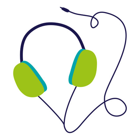Green and blue headphones with cable. Vector illustration in Flat style. Cartoon trendy colors Music equipment isolated on white. Technology accessory for listening. Design element for sticker pack.のイラスト素材