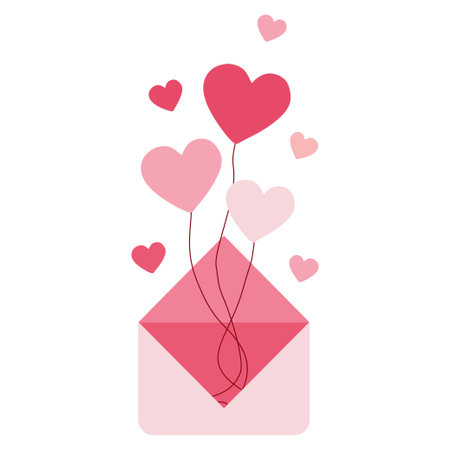 Envelope flying on heart shaped balloon. Valentine Day and Love emotions concept. Flat or Cartoon style Vector illustration isolated on white. Pink Template for Wedding card, invitation, Graphic iconのイラスト素材
