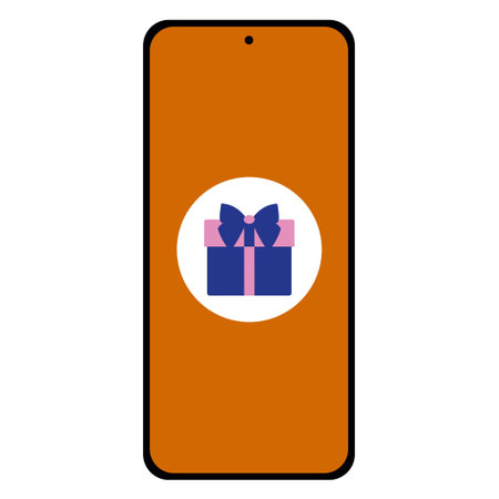 Gift Box on Smartphone Touch screen. Isolated Vector Flat illustration. Giftbox on Mobile Phone Screen. Receiving Surprise Box Online. Digital Purchase or E-commerce Concept. Promo Store, Gift Card.のイラスト素材