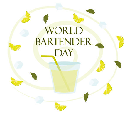 International Bartenders Day banner with Glass and cocktail ingredients. February 6. Vector Flat Template for Banner, card, poster. Illustration with Spritz cocktail with lime slice and ice cubes.のイラスト素材