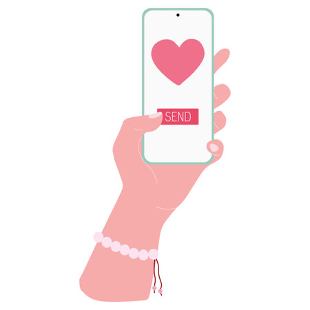 Female hand holding Smartphone with Pink Heart. Love message concept on phone screen. Hand drawn Vector Flat Cartoon illustration isolated on white background. Template for Design, Valentine, Romantic.のイラスト素材