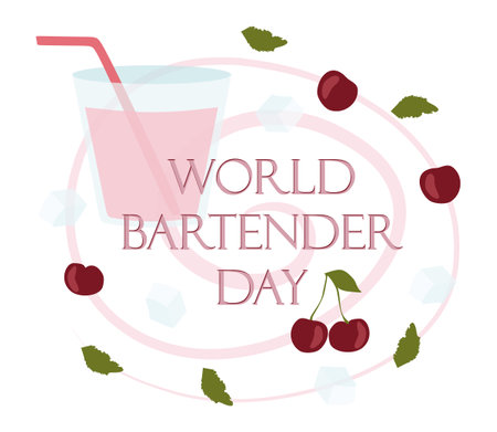 International Bartenders Day banner with Glass and Cocktail ingredients. February 6. Vector Flat Template for Banner, card, poster. Illustration with isolated Cherries, Ice cubes and Leaves of Mint.のイラスト素材