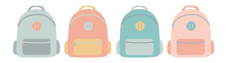 Set school backpack, sport, Study and travel bag in pastel colors. Flat Vector illustration isolated on white background. College accessory, Fashion concept. Design collection for Card, Poster, Bannerのイラスト素材