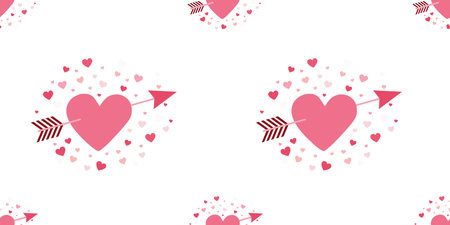 Seamless pattern with arrow-pierced heart on White background. Vector Flat or Cartoon Romantic illustration for Wrapping paper template, Fabric, Textile, Wallpaper. Lovely Valentines day concept.のイラスト素材