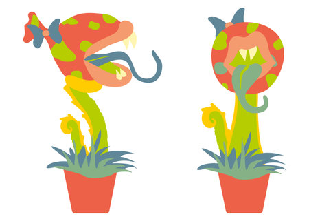 Monster Plant set illustration. Vector Fantasy scary Flower in Flower pot with Tongue and Lips. Flat Botany Illustration, Side and front view, isolated on White background for Book, Card, Game, Posterのイラスト素材