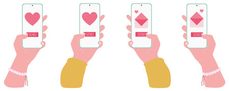 Hand hold Smartphone Vector Set. Send or receive Love sms, Letter, email with Mobile phone. Valentines day Flat illustration on white. Love chatting collection for Poster, Banner,のイラスト素材