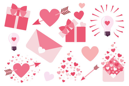 Valentines day Vector Set for Printing Sicker pack. Flat Illustration isolated on white. Great Design Collection for Card, Poster, Banner. Cartoon Heart, Gift box, Love message. Graphic Art Elements.のイラスト素材