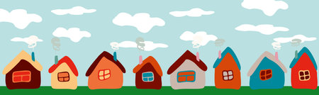 Cartoon Childish Houses on the Background of Blue sky with Clouds. Different color Flat Buildings with Windows and Chimney on Village landscape. Horizontal Graphic Art for Banner,のイラスト素材