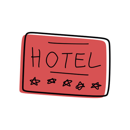 Doodle Hotel sign with 5 star Symbol. Vector Flat Cartoon illustration isolated on white. Travel and Vacation concept Design Graphic Art for Book, Web, Button. Hand drawn color Element.のイラスト素材