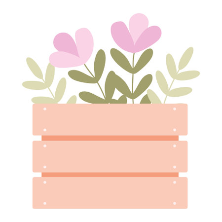 Wooden box with Spring Flowers Bouquet Illustration. Flat style Vector Gardening box Planting and Growing Blooming Floral Elements isolated on White. Cute Flowerpot, Design element for Greeting card.のイラスト素材